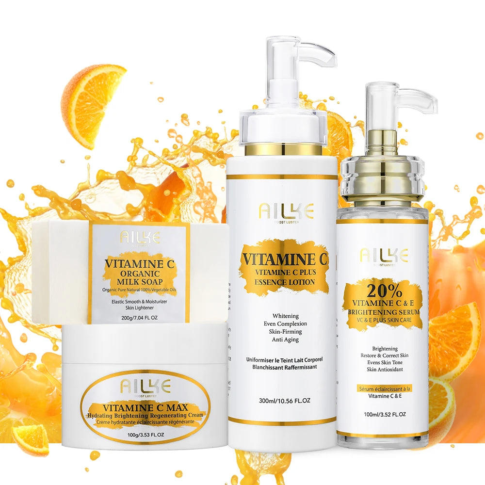 4 in 1 set - Vitamin C & E - Organic Milk Soap, Vitamin C Plus Essence Lotion, Hydrating Brightening Regeneration Cream, Brightening Serum